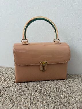 Nude Patent Top-Handle Satchel Bag